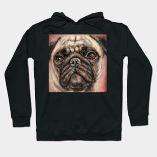 Close Up Painting of a Pug with its Gorgeous Orange Eyes and Expression on Red Background Hoodie